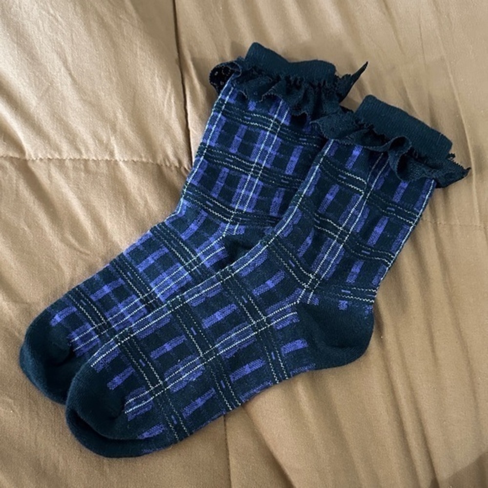 Killstar Black and Purple Tartan Socks with Lace - Picture 2 of 3